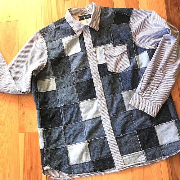 Patchwork Jean Jacket, Men's Size XXL: Upcycled Table Rock Lake Denim Shirt - Picture 11 of 13